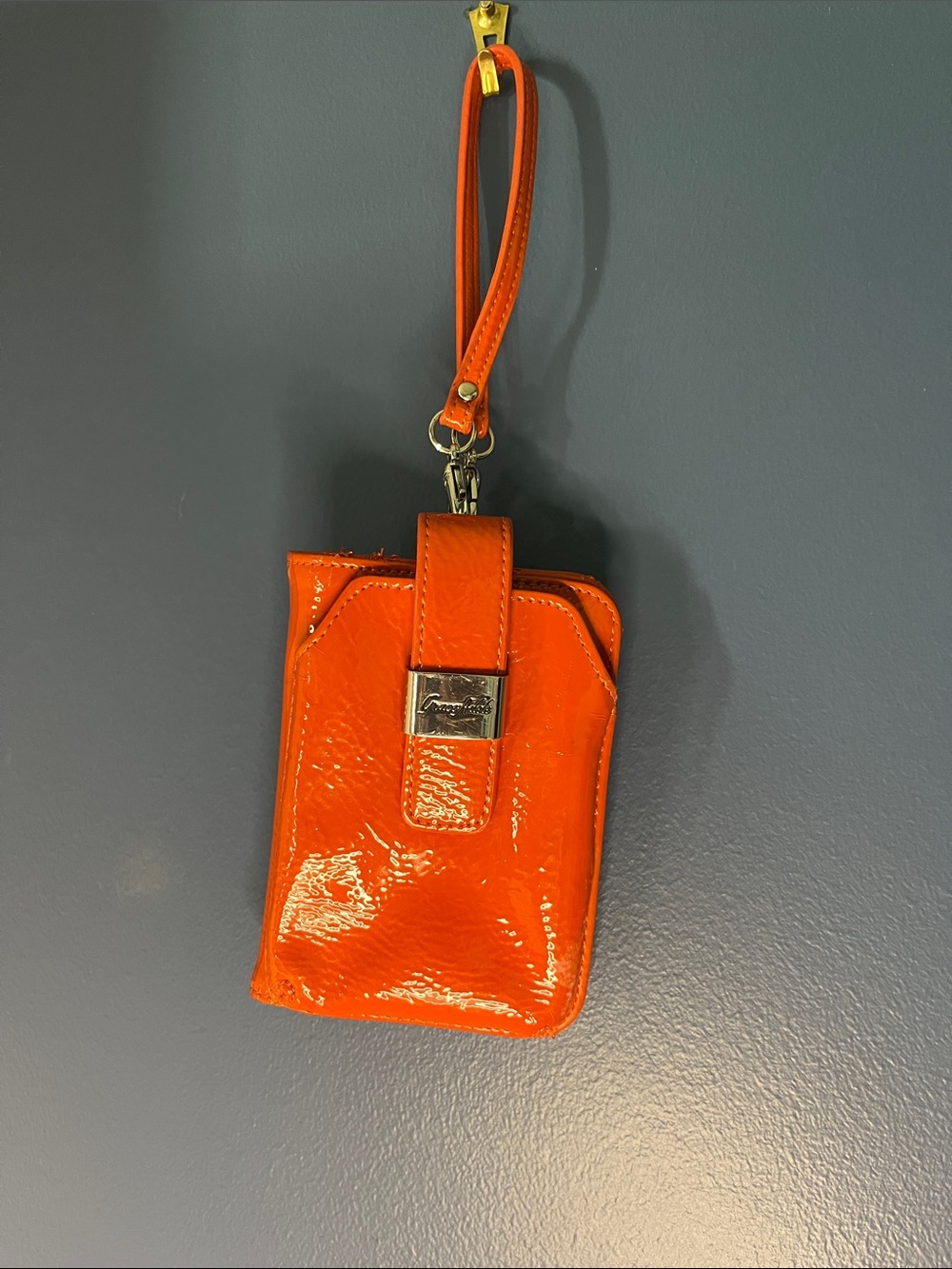 Grace Adele: small Orange Patent Leather Wristlet silver hardware, discontinued